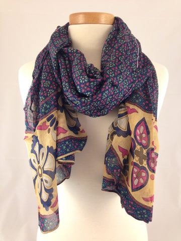 navy blue beige pattern scarf