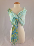 teal yellow floral pattern scarf